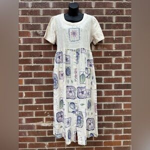 Vintage Positive Attitude Maxi Dress Women Sz L Tan Floral Tie Back Cottagecore